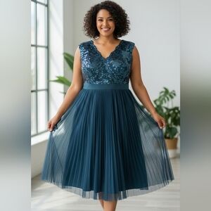 NWT Adrianna Papell Teal Sequin And Tulle Cocktail/Event Midi Dress Size 14